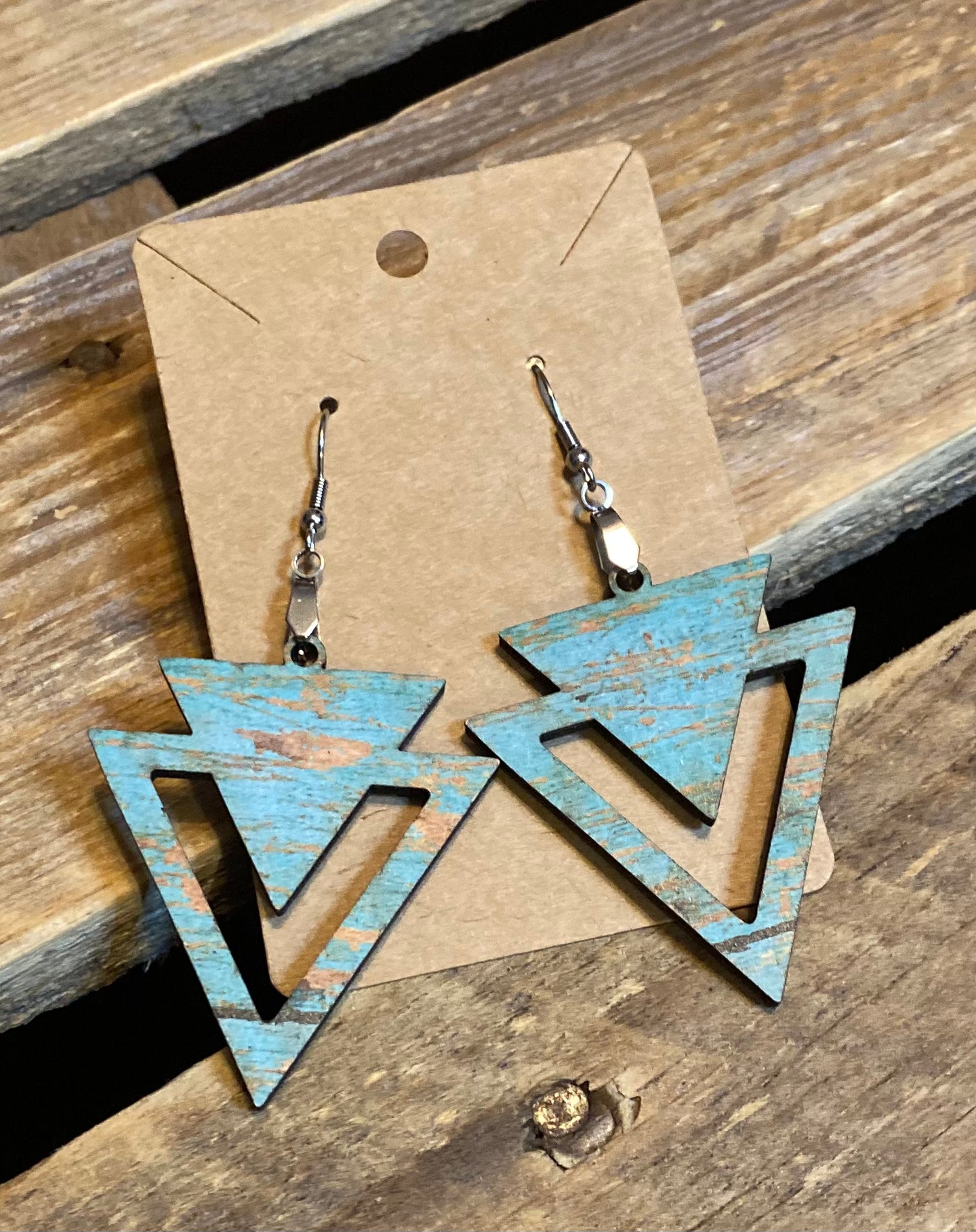 Wooden Distressed Turquoise Triangle Earrings